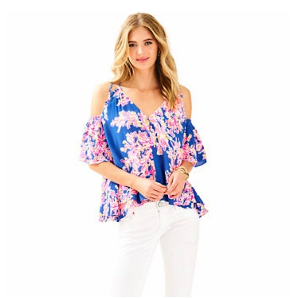 Lilly Pulitzer Coral Me Maybe Cold Shoulder Top Blue Pink Rayon Blouse Medium